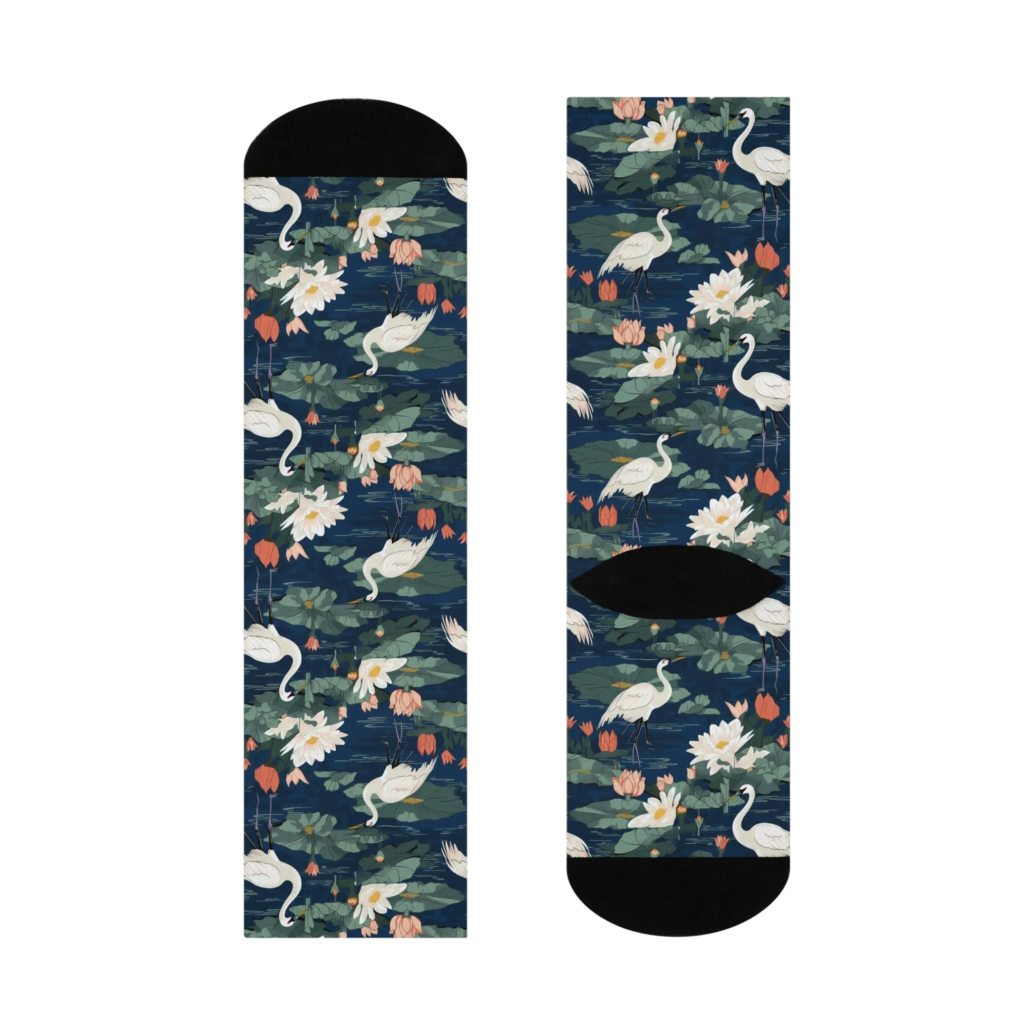 Japandi Style Whooping Cranes with Lotus Flowers Design Cushioned Crew Socks