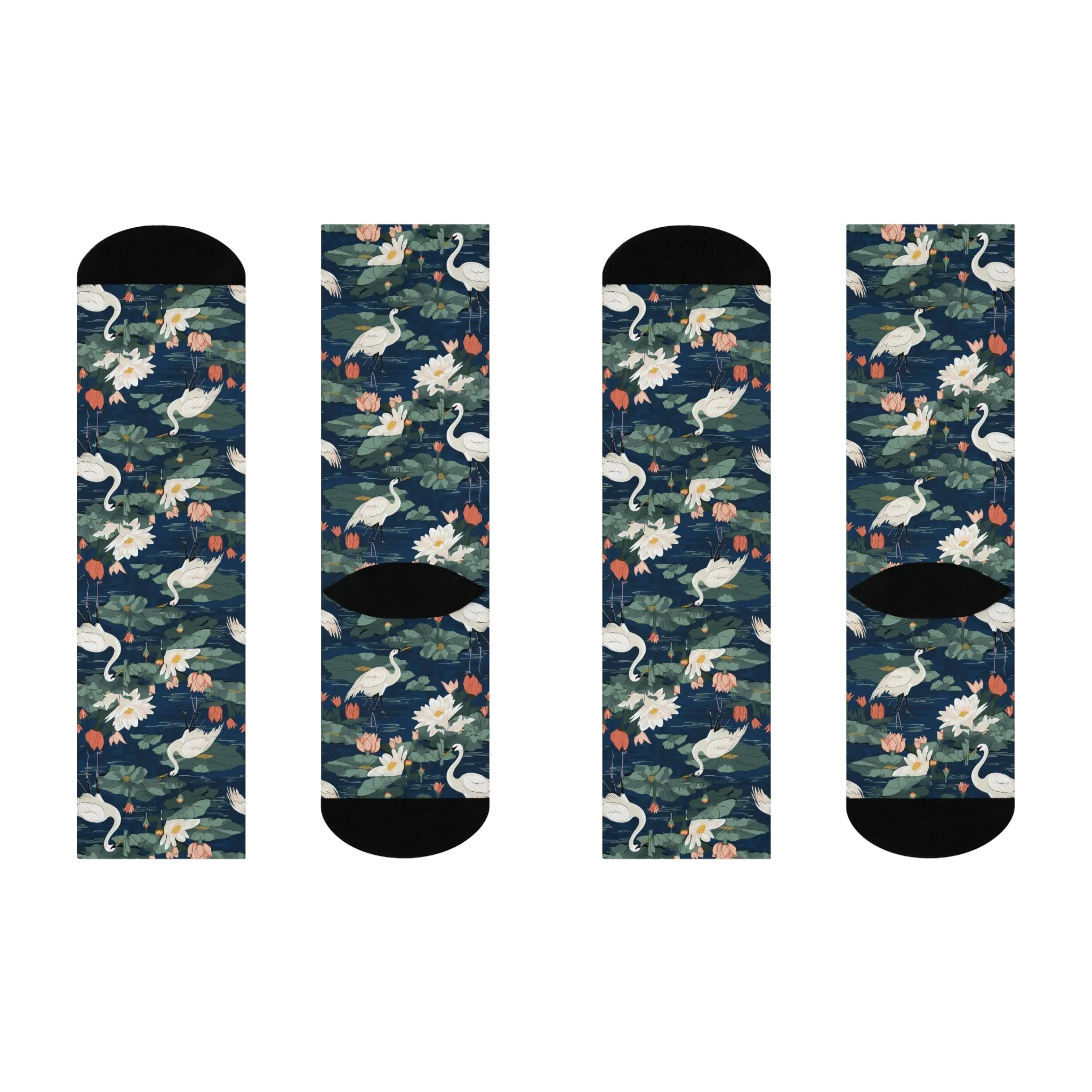 Japandi Style Whooping Cranes with Lotus Flowers Design Cushioned Crew Socks
