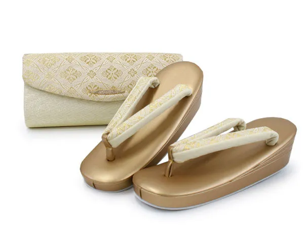 Women's Japanese kimono zori sandals and silk bag set for TEA ceremony【Gold】