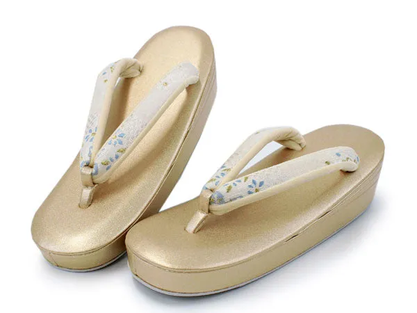 Women's Japanese kimono zori sandals and silk bag set  for TEA ceremony【White, Gold】