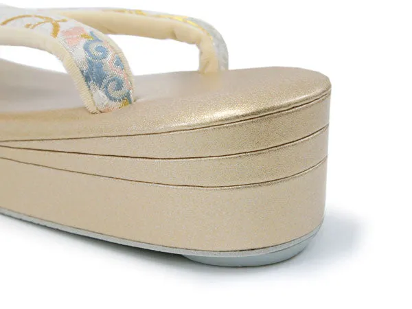 Women's Japanese kimono zori sandals and silk bag set for TEA ceremony【White, Gold】
