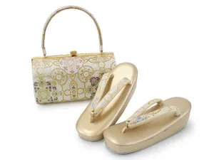 Women's Japanese kimono zori sandals and silk bag set for TEA ceremony【White, Gold】