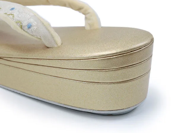Women's Japanese kimono zori sandals and silk bag set  for TEA ceremony【White, Gold】