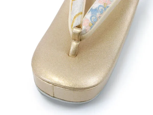 Women's Japanese kimono zori sandals and silk bag set for TEA ceremony【White, Gold】