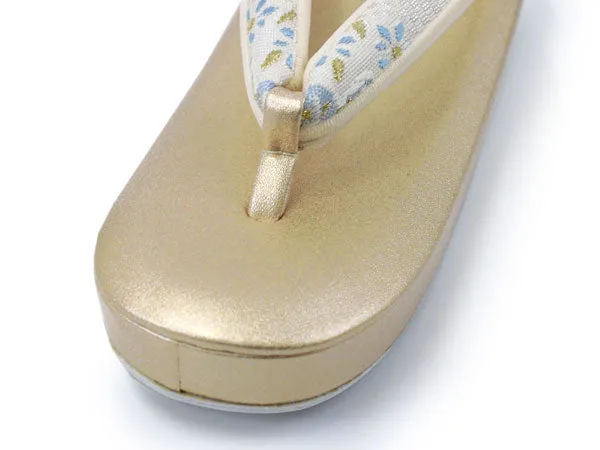 Women's Japanese kimono zori sandals and silk bag set  for TEA ceremony【White, Gold】