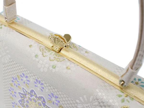 Women's Japanese kimono zori sandals and silk bag set  for TEA ceremony【White, Gold】