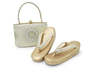 Women's Japanese kimono zori sandals and silk bag set  for TEA ceremony【White, Gold】