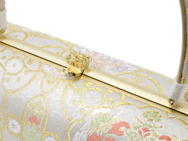 Women's Japanese kimono zori sandals and silk bag set for TEA ceremony【White, Gold】