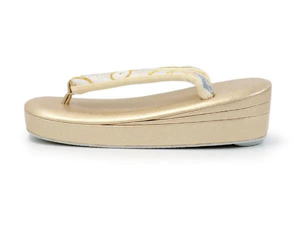 Women's Japanese kimono zori sandals and silk bag set for TEA ceremony【White, Gold】