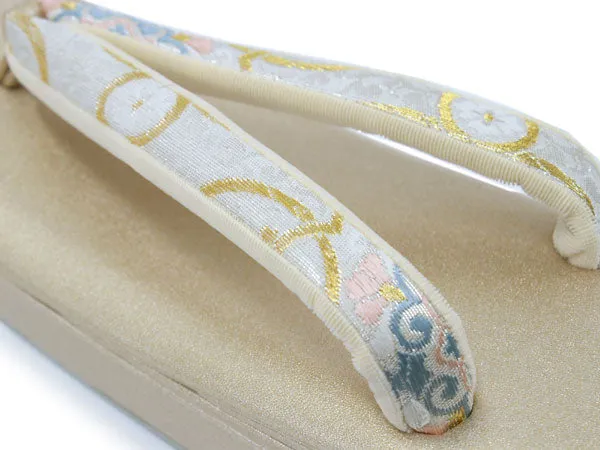 Women's Japanese kimono zori sandals and silk bag set for TEA ceremony【White, Gold】